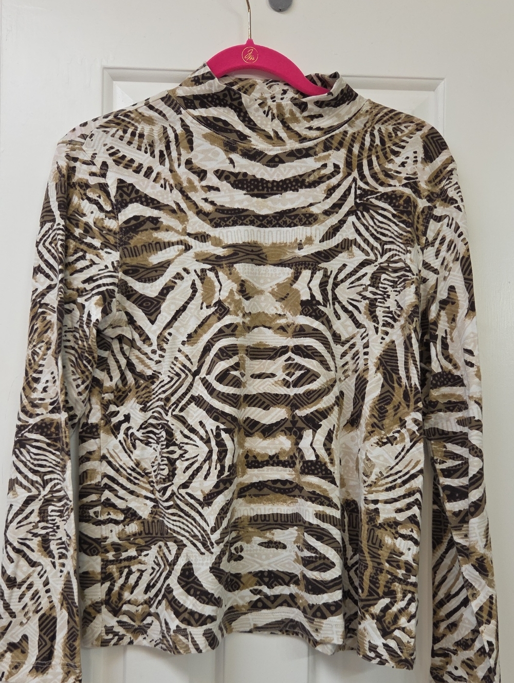 Rebecca Malone Animal-Print Turtleneck Sweater in Brown & Cream